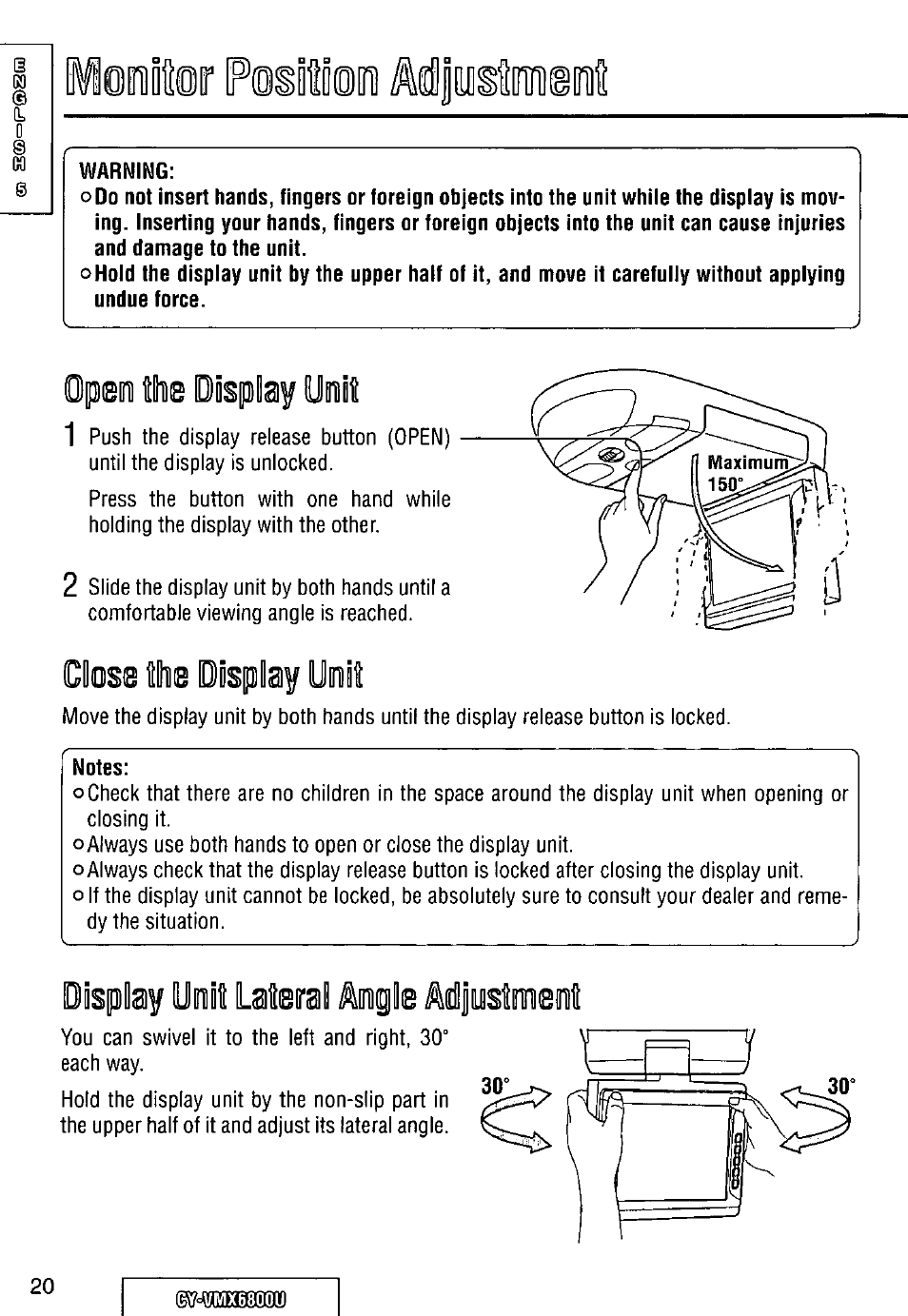 Warning, Op@iii flue display uoit, Close №e display uoit | Notes | Panasonic CY VMX6800U User Manual | Page 20 / 76