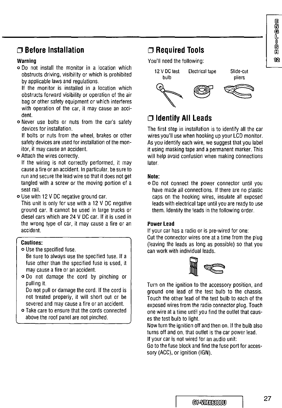 Before installation, Required tools, A identify all leads | Note, Power lead | Panasonic CY VMX6800U User Manual | Page 27 / 76