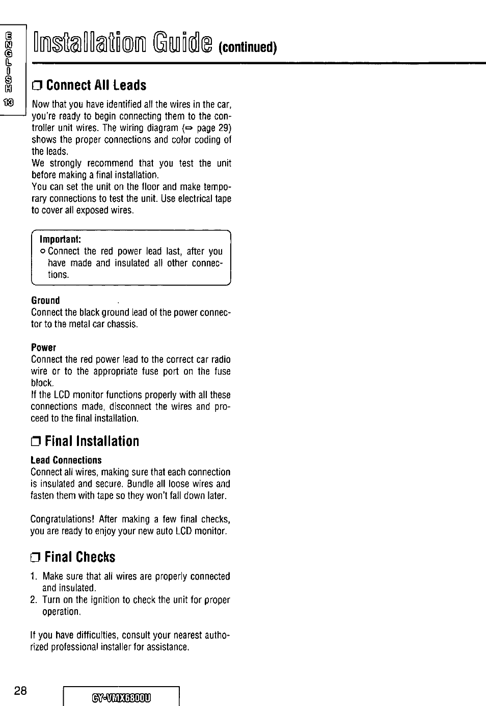 Connect all leads, Final installation, Final checks | Umx6800u, Continued) □ connect all leads | Panasonic CY VMX6800U User Manual | Page 28 / 76