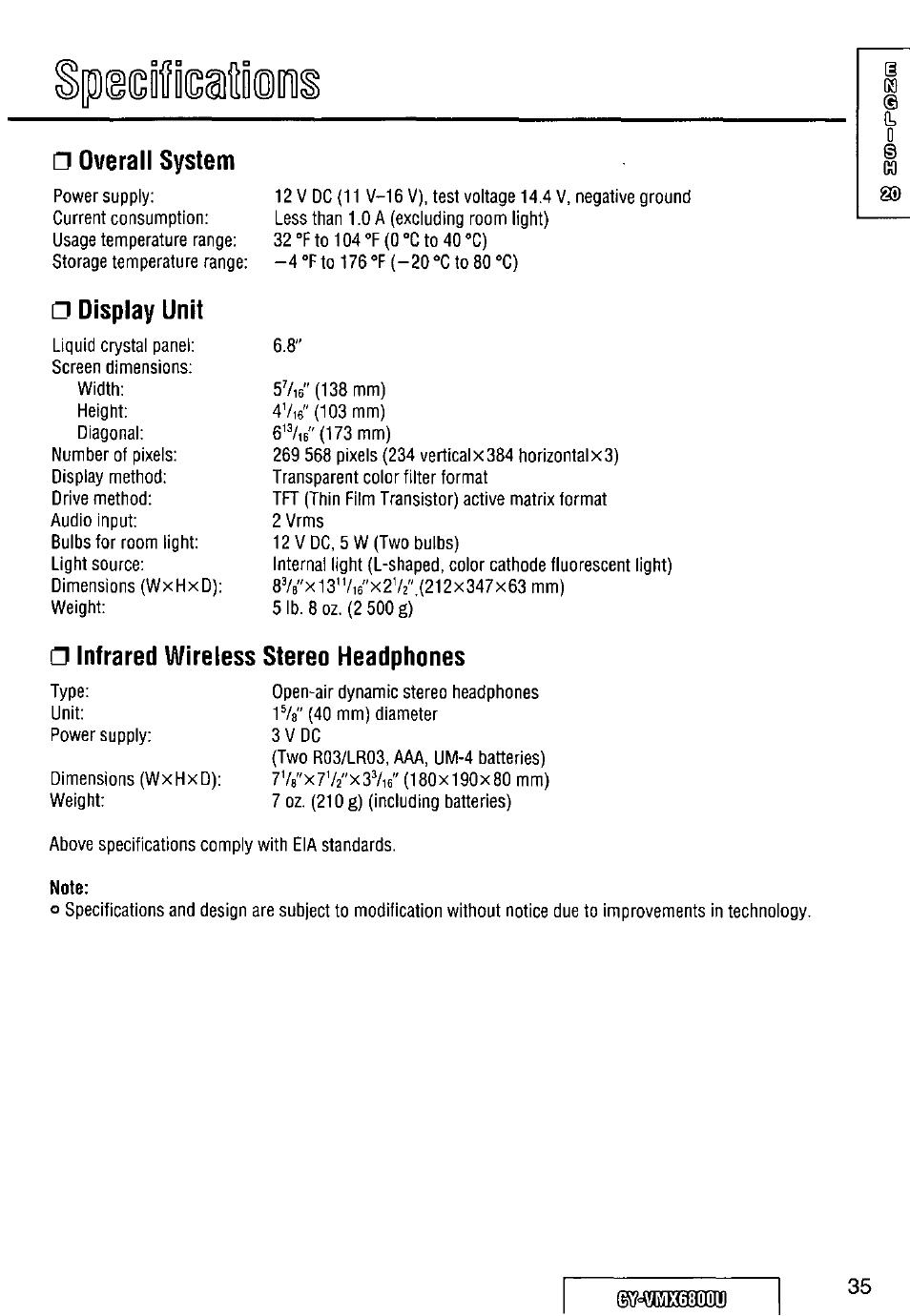 Overall system, Display unit, Infrared wireless stereo headphones | Panasonic CY VMX6800U User Manual | Page 35 / 76