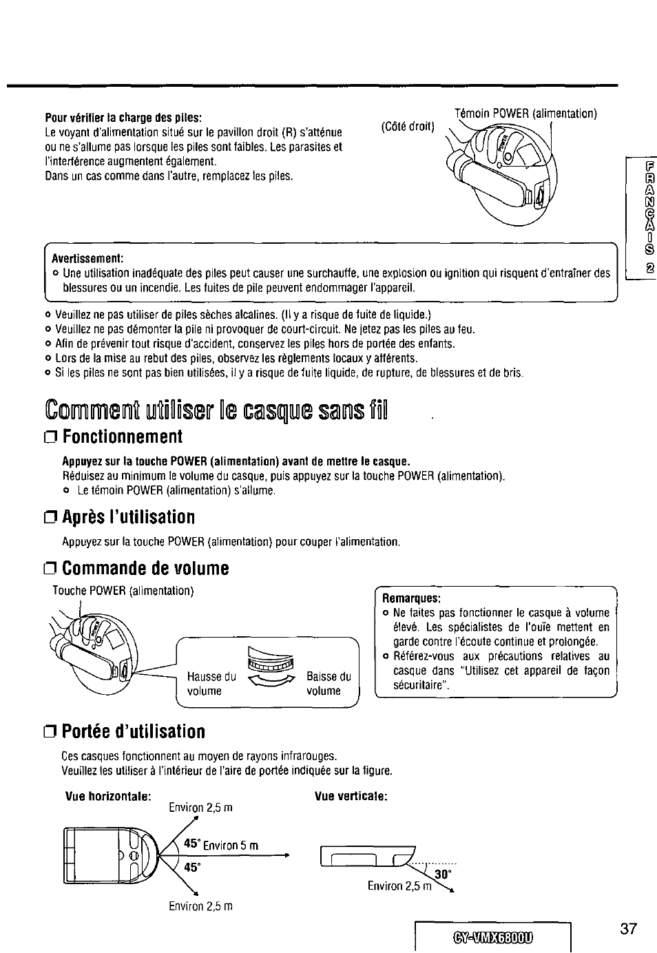 Pour vérifier la charge des piles, Avertissement, Commisoi utolisisd' k osnioe îôl | Fonctionnement, Après l’utilisation, Remarques, Portée d’utilisation, Vue verticale, Commisoi utolisisd, Osnioe îôl | Panasonic CY VMX6800U User Manual | Page 37 / 76