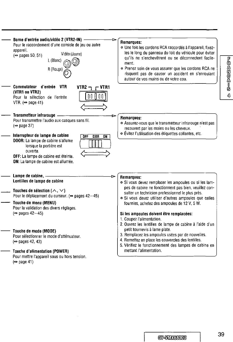 Lampe de cabine, Touches de sélection (a, v), Touche de mode (mode) | Touche d’alimentation (power) | Panasonic CY VMX6800U User Manual | Page 39 / 76