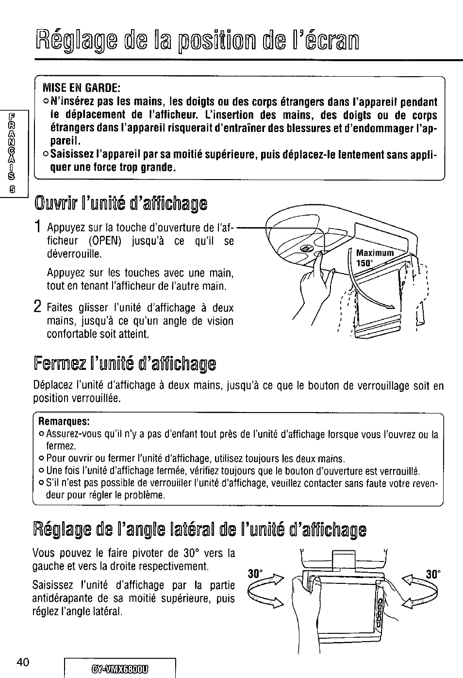 Ûb ii, Mise en garde, Oywôir vmllé il’ai№cll]iaige | Fermez l’y mité d’effîchage, Vmllé, Oywôir, Il’ai№cll]iaige | Panasonic CY VMX6800U User Manual | Page 40 / 76