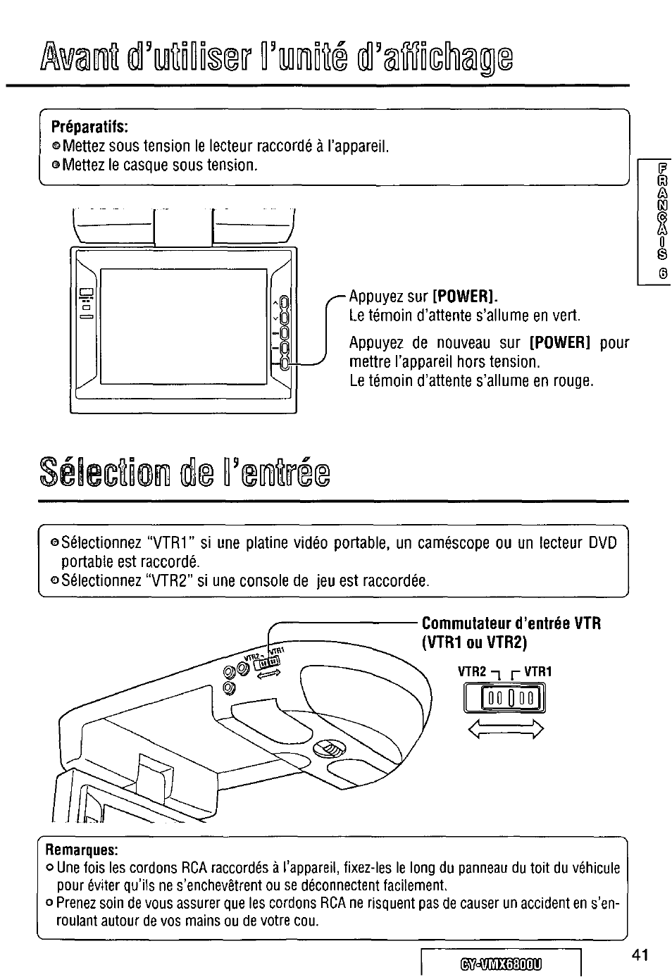 Commutateur d’entrée vtr (vtr1 ou vtr2), Remarques | Panasonic CY VMX6800U User Manual | Page 41 / 76