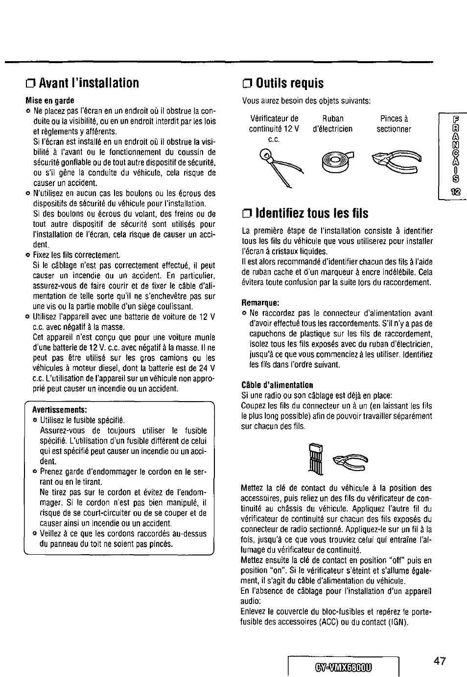 Avant l’installation, Outils requis, Identifiez tous les fils | Remarque, Câble d’alimentation | Panasonic CY VMX6800U User Manual | Page 47 / 76