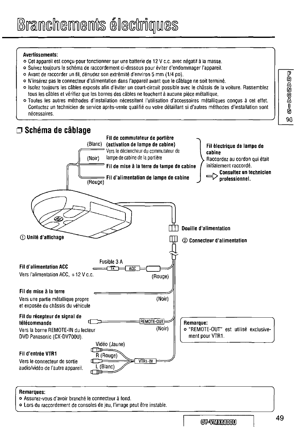 Avertissements, Schéma de câblage, Fil électrique de lampe de cabine | Fil d’alimentation acc, Fil de mise à la terre, Fil du récepteur de signal de télécommande, Remarque, Remarques | Panasonic CY VMX6800U User Manual | Page 49 / 76