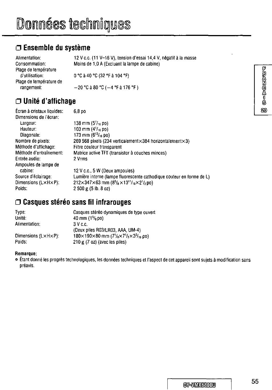 Ensemble du système, Unité d’affichage, Casques stéréo sans fil infrarouges | Remarque | Panasonic CY VMX6800U User Manual | Page 55 / 76