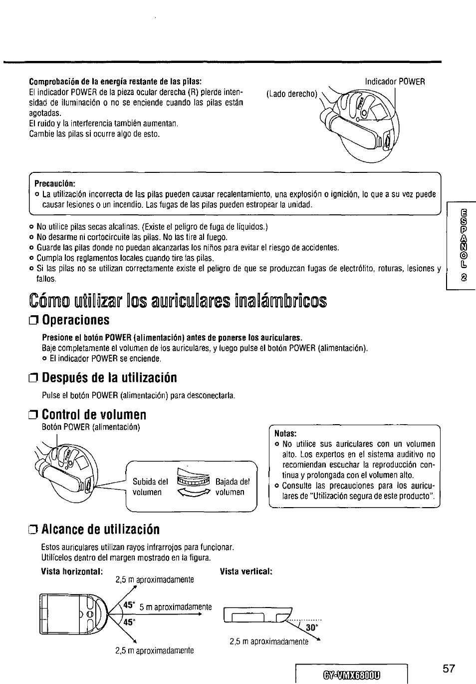 Comprobación de la energía restante de las pilas, Cómo ytólózoir loo oyi'lcylores ioolámiiig'ócos, Operaciones | Después de la utilización, Notas, Alcance de utilización, Control de volumen | Panasonic CY VMX6800U User Manual | Page 57 / 76