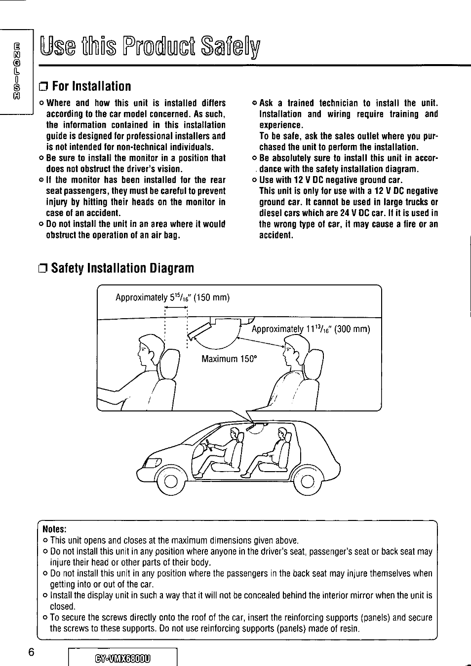 For installation, Safety installation diagram, Notes | Panasonic CY VMX6800U User Manual | Page 6 / 76