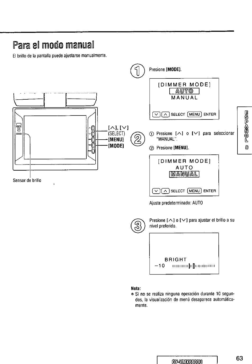 Dimmer mode, Manual, Dimmer mode] auto | Nota, Select) | Panasonic CY VMX6800U User Manual | Page 63 / 76