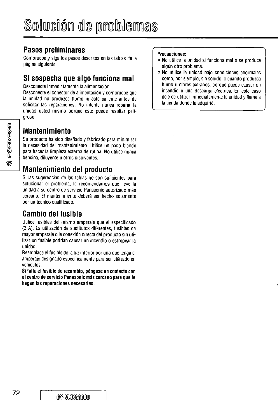 Pasos preliminares, Si sospecha que algo funciona mal, Mantenimiento | Mantenimiento del producto, Cambio del fusible, Precauciones, B[lo(gi, Ìti dl, Piroislemai | Panasonic CY VMX6800U User Manual | Page 72 / 76