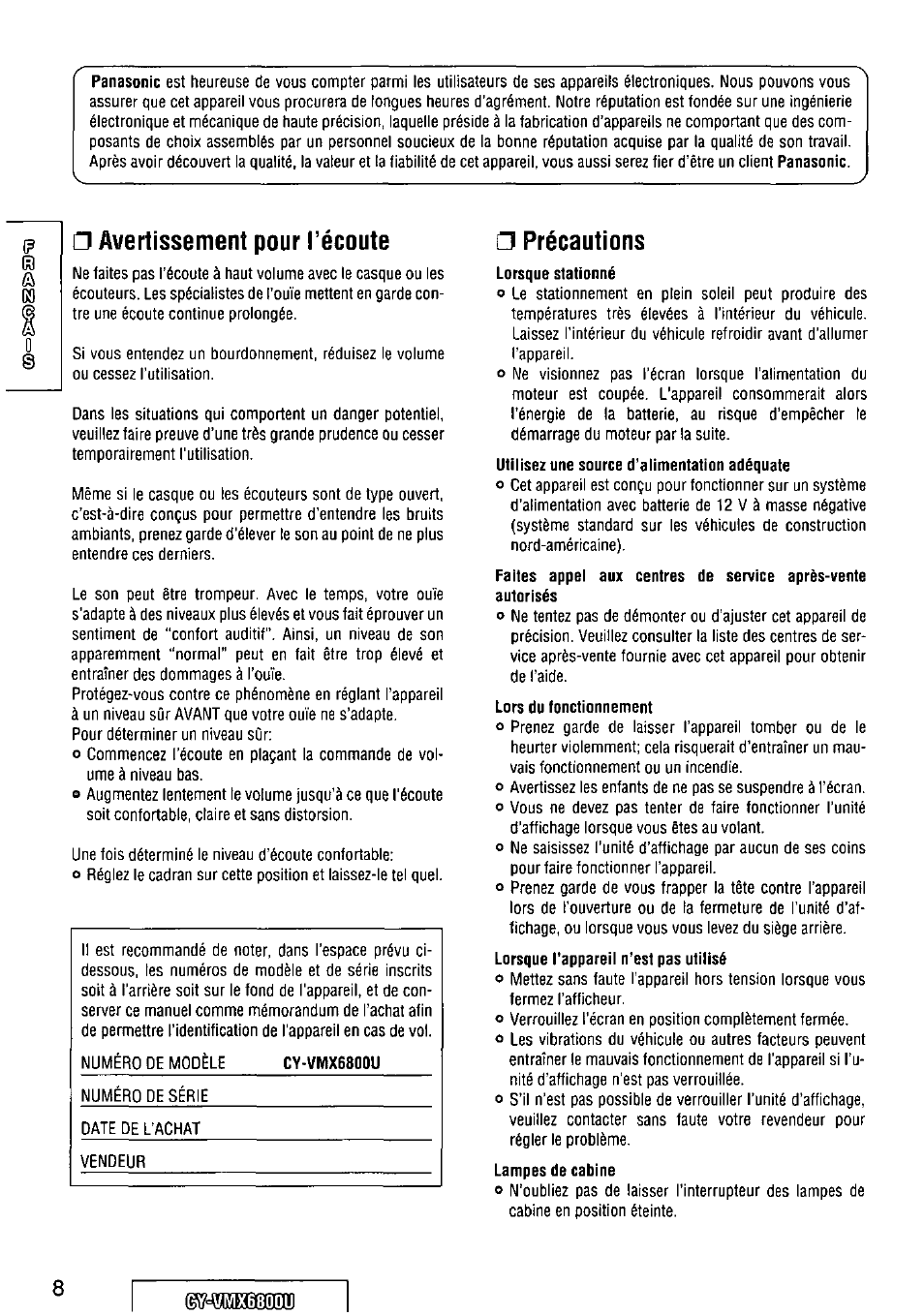 Avertissement pour l’écoute, Cy-vmx6800u, Précautions | Lors du fonctionnement, Umx6800u | Panasonic CY VMX6800U User Manual | Page 8 / 76
