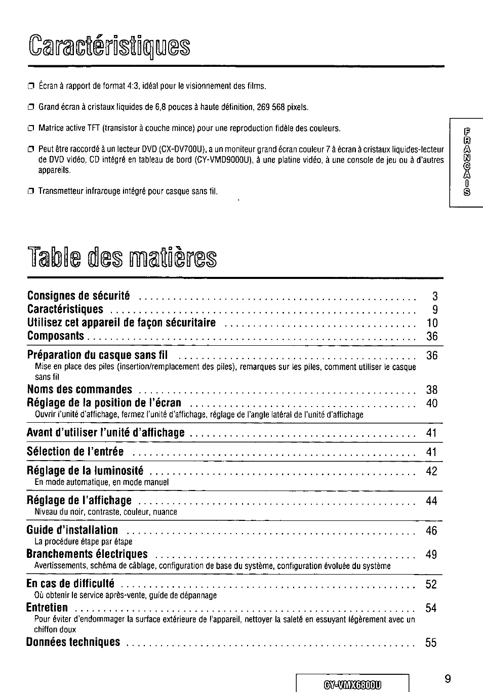 Vmx6800u, Caraotéristiffliy | Panasonic CY VMX6800U User Manual | Page 9 / 76
