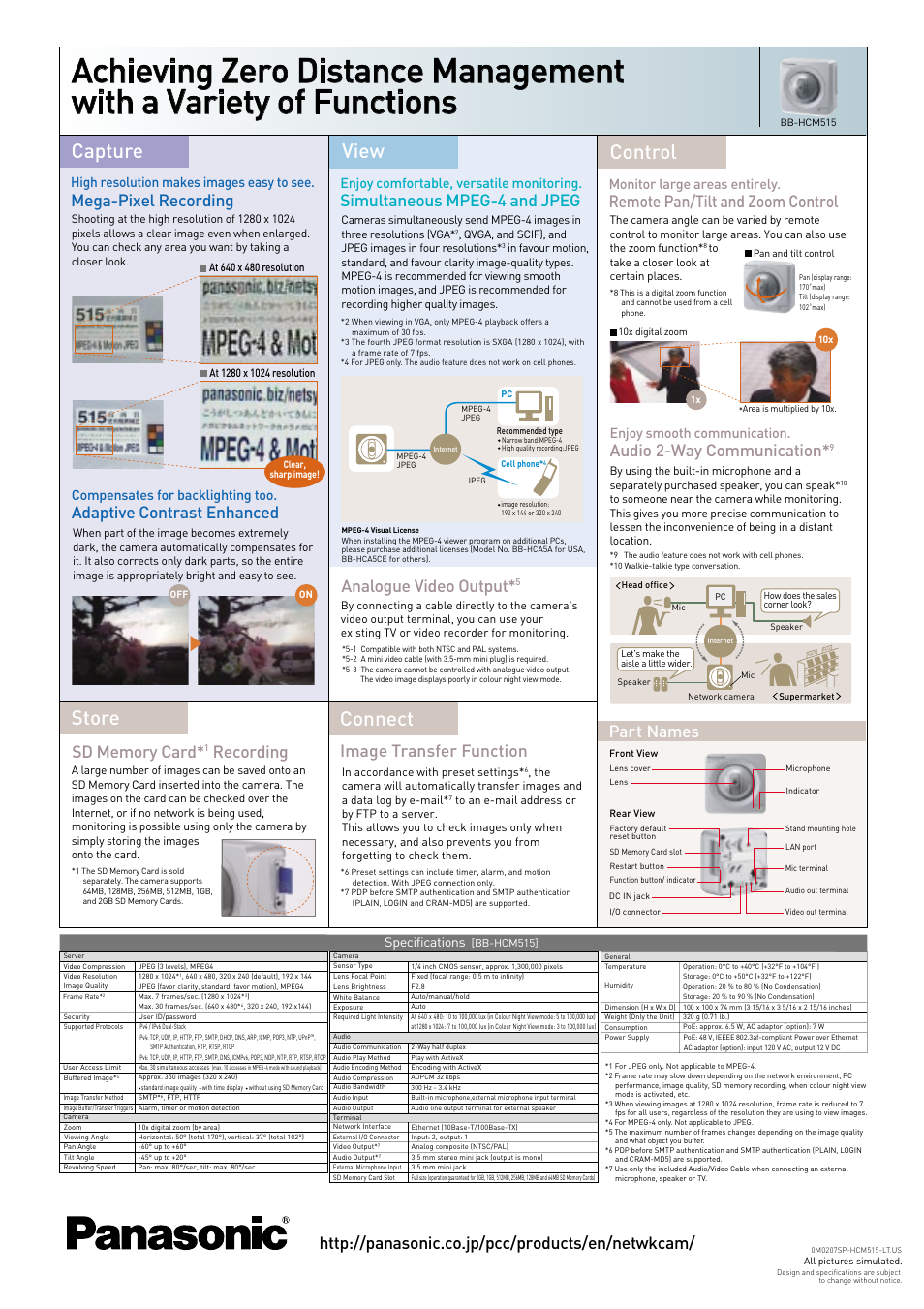 Capture view control connect store, Adaptive contrast enhanced, Mega-pixel recording | Recording, Simultaneous mpeg-4 and jpeg, Audio 2-way communication, Remote pan/tilt and zoom control, Image transfer function, Compensates for backlighting too, High resolution makes images easy to see | Panasonic BB-HCM515 User Manual | Page 2 / 2