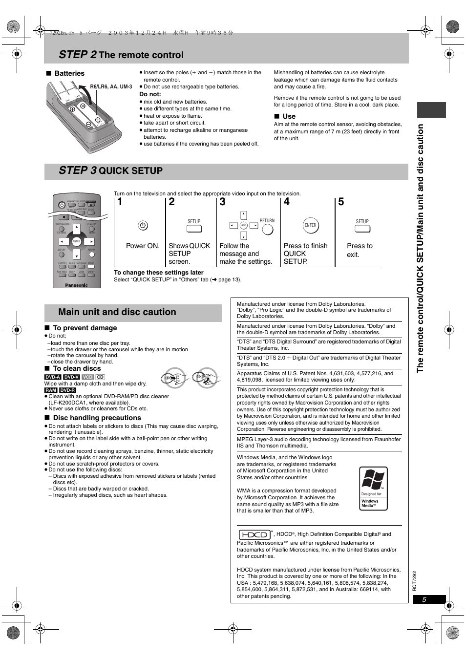 Step 2 the remote control, Step 3 quick setup, Main unit and disc caution | Step 2, Step 3, The remote control, Quick setup | Panasonic DVD-F87 User Manual | Page 5 / 20