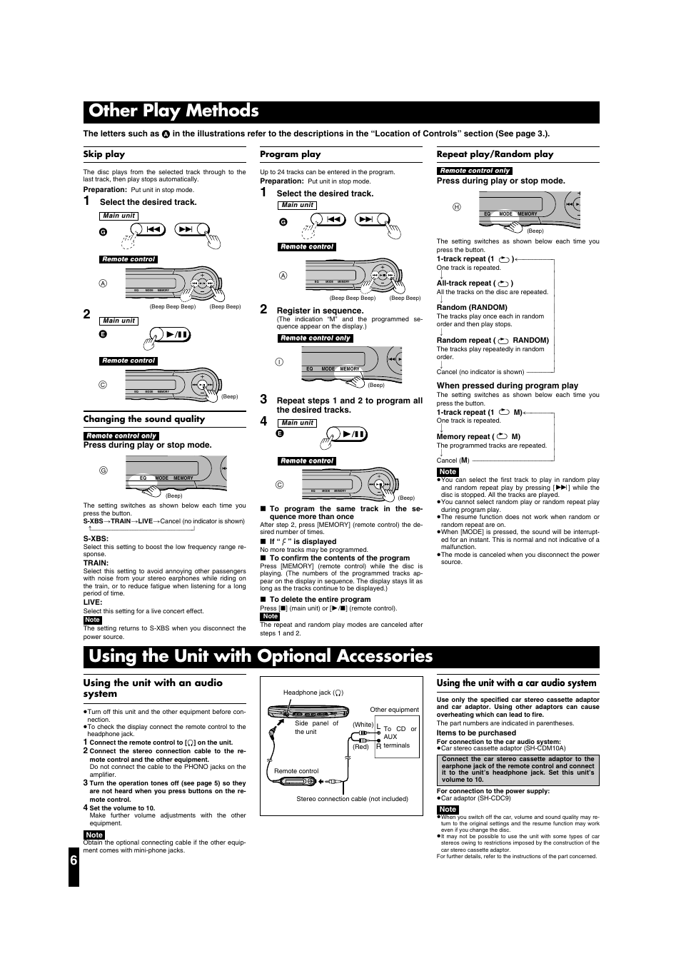 Other play methods, Using the unit with optional accessories, T.mark/eq mode light/ disp | Using the unit with an audio system, Using the unit with a car audio system | Panasonic SL-CT790 User Manual | Page 6 / 8