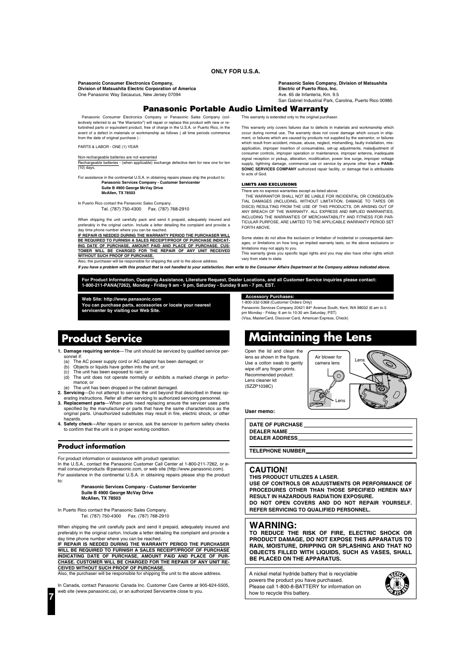 Maintaining the lens, Product service, Warning | Panasonic portable audio limited warranty, Caution, Product information | Panasonic SL-CT790 User Manual | Page 7 / 8