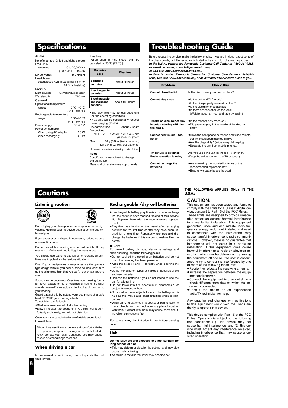 Specifications, Cautions, Troubleshooting guide | Caution, Listening caution, Rechargeable /dry cell batteries, When driving a car | Panasonic SL-CT790 User Manual | Page 8 / 8