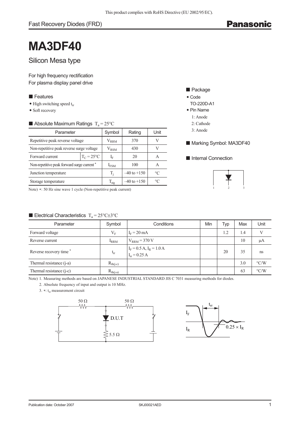 Panasonic Fast Recovery Diodes MA3DF40 User Manual | 3 pages