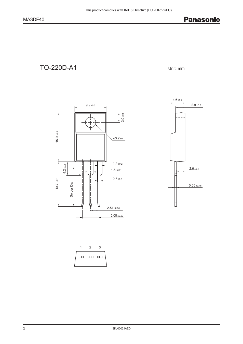 To-220d-a1, Ma3df40, Unit: mm | Panasonic Fast Recovery Diodes MA3DF40 User Manual | Page 2 / 3