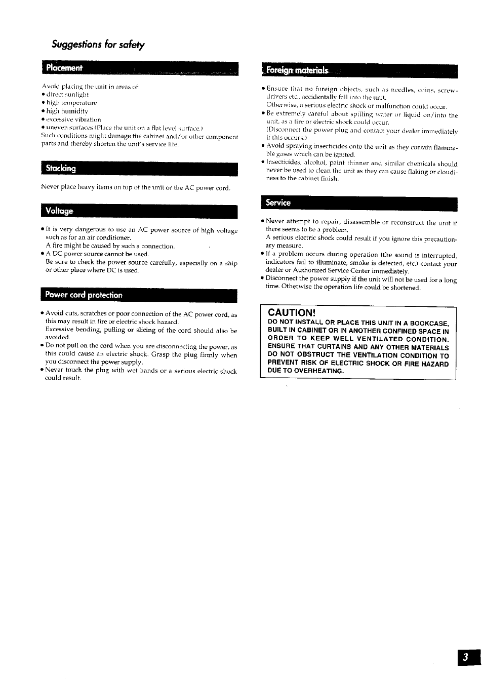 Pidcmnenf, Sfodcing, Voltage | Power cord protection, Service, Caution | Panasonic RS-TR272 User Manual | Page 3 / 15