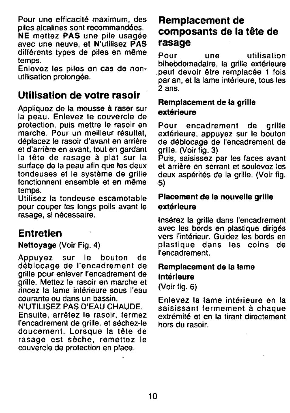 Utilisation de votre rasoir, Entretien, Remplacement de composants de la tête de rasage | Panasonic ES207 User Manual | Page 10 / 12