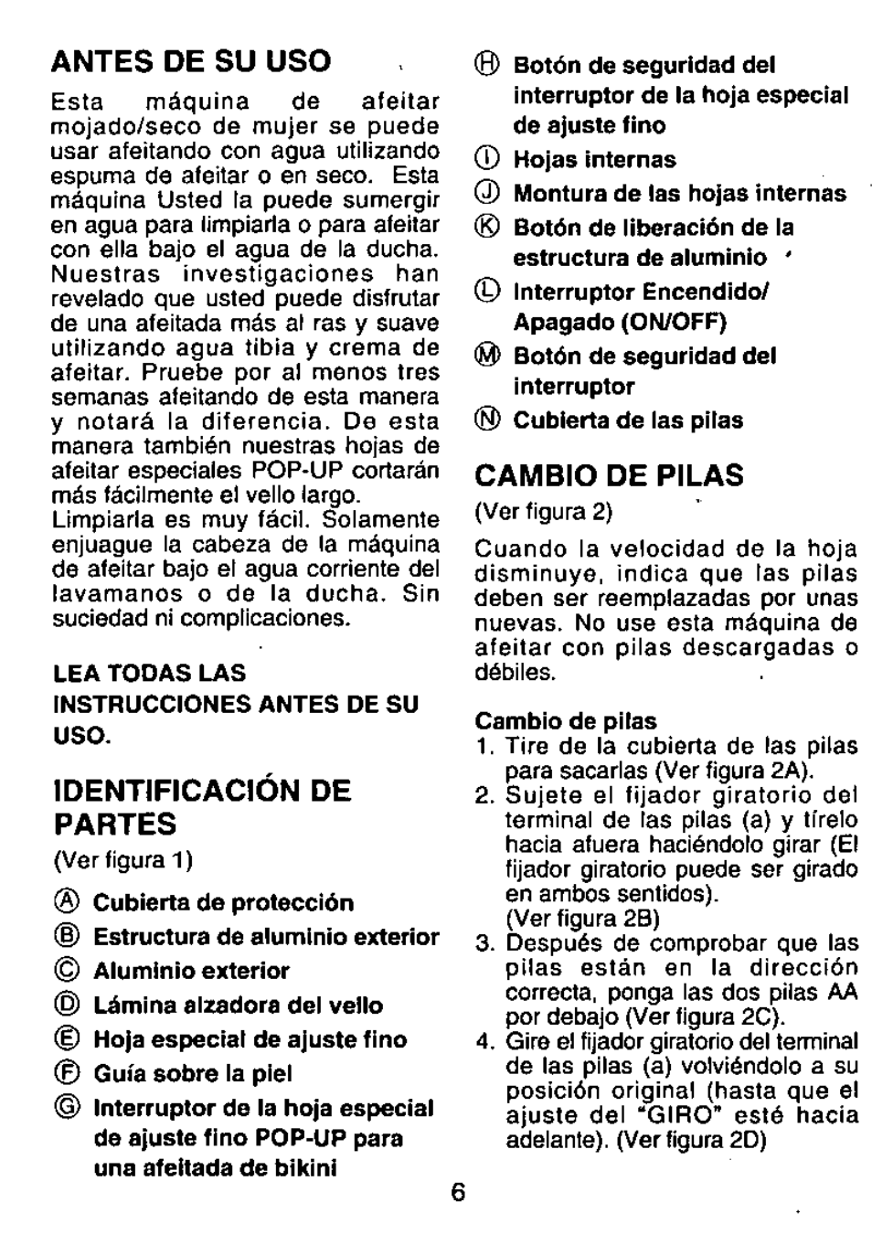 Antes de su uso, Identificación de partes, Cambio de pilas | Panasonic ES207 User Manual | Page 6 / 12