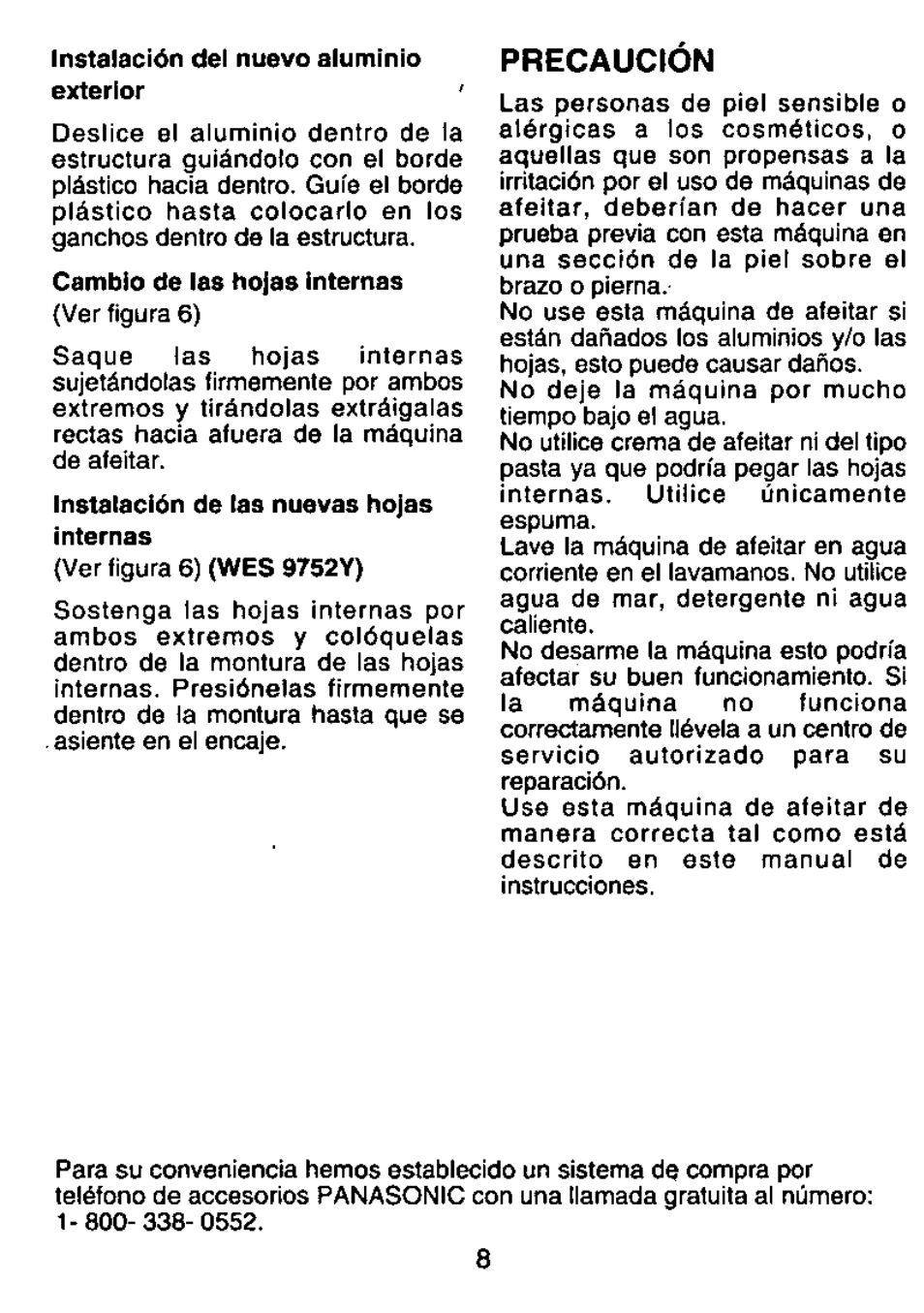 Precaucion | Panasonic ES207 User Manual | Page 8 / 12