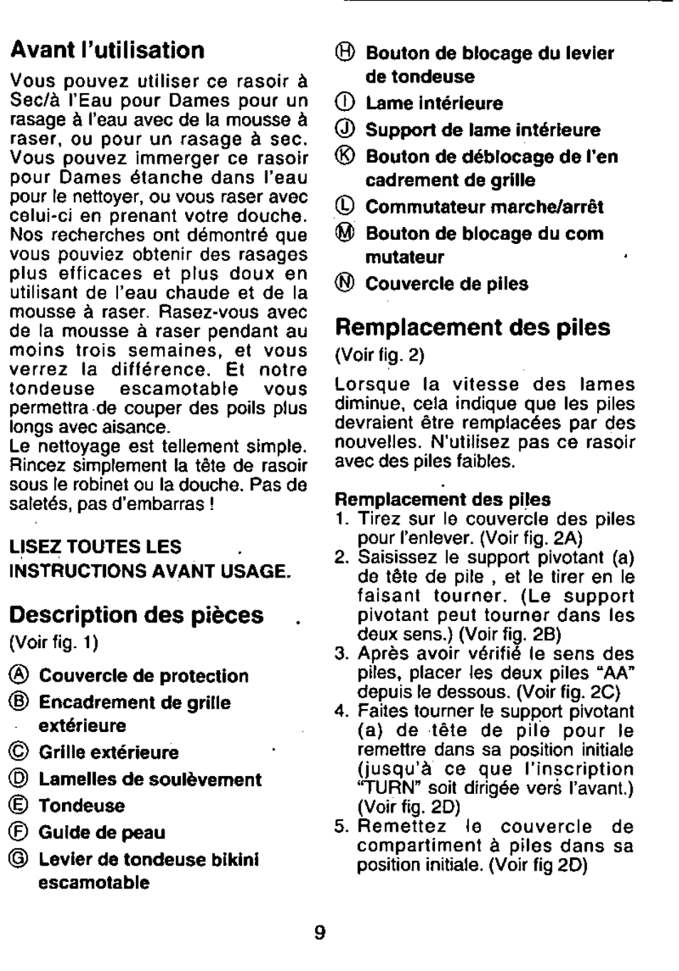 Avant l’utilisation, Description des pièces, Remplacement des piles | Panasonic ES207 User Manual | Page 9 / 12