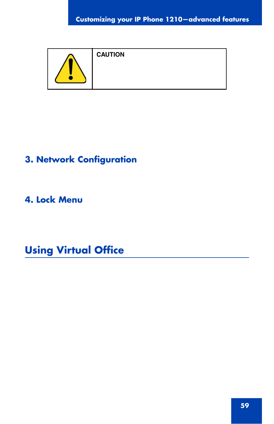 Using virtual office, Network configuration, Lock menu | Using | Panasonic 1210 User Manual | Page 59 / 120