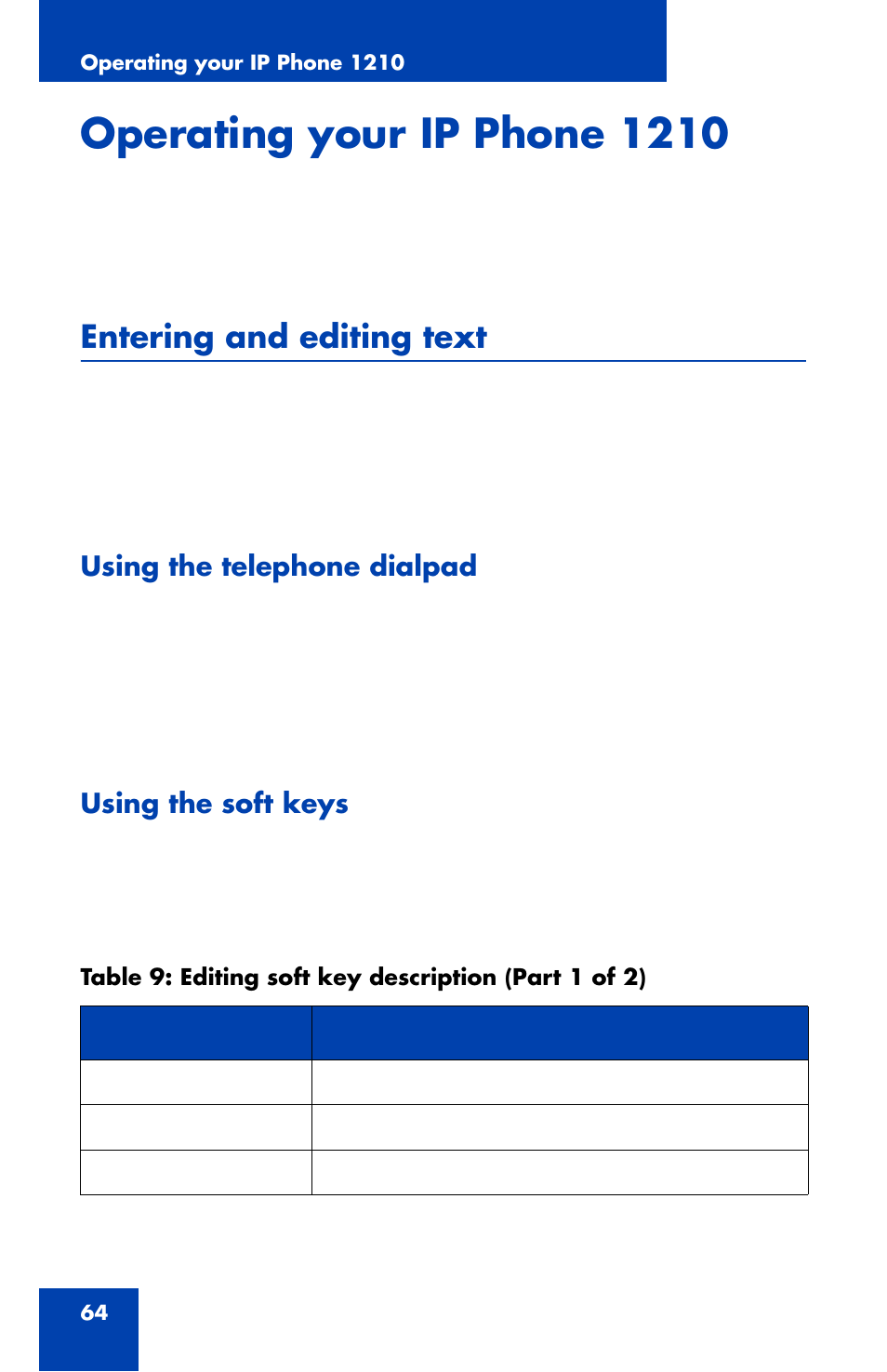 Operating your ip phone 1210, Entering and editing text, Using the telephone dialpad | Using the soft keys, Using the telephone | Panasonic 1210 User Manual | Page 64 / 120