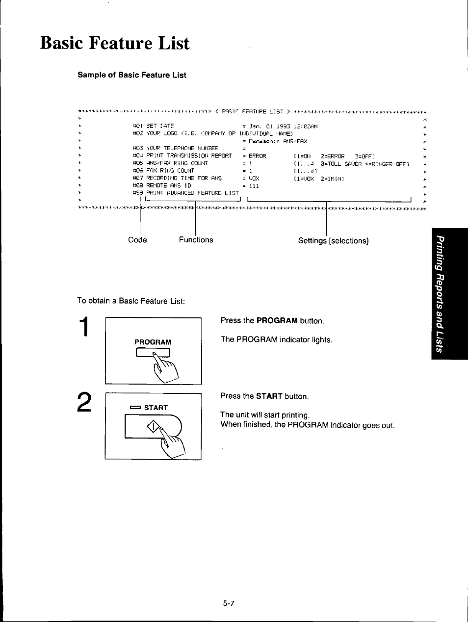 Basic feature list, Sample of basic feature list, Basic feature list -7 | Panasonic KX-F160 User Manual | Page 103 / 124