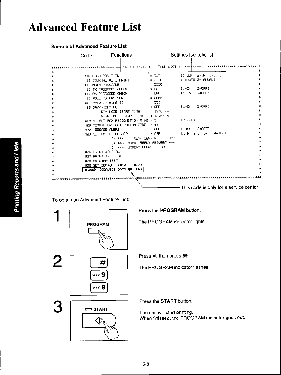 Advanced feature list, Sample of advanced feature list, Advanced feature list -8 | Panasonic KX-F160 User Manual | Page 104 / 124