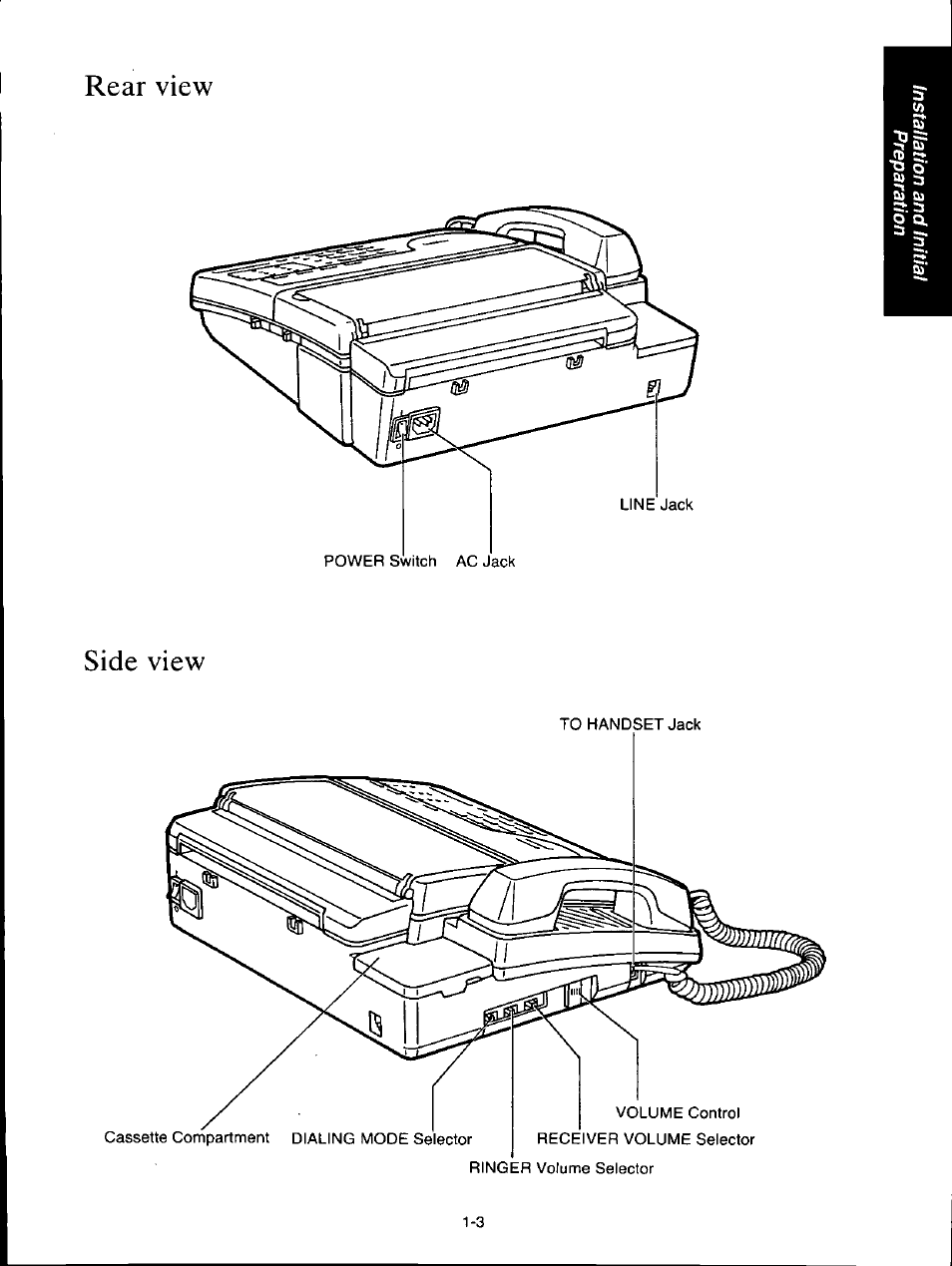 Rear view, Side view, Rearview -3 side view -3 | Rear view side view | Panasonic KX-F160 User Manual | Page 11 / 124