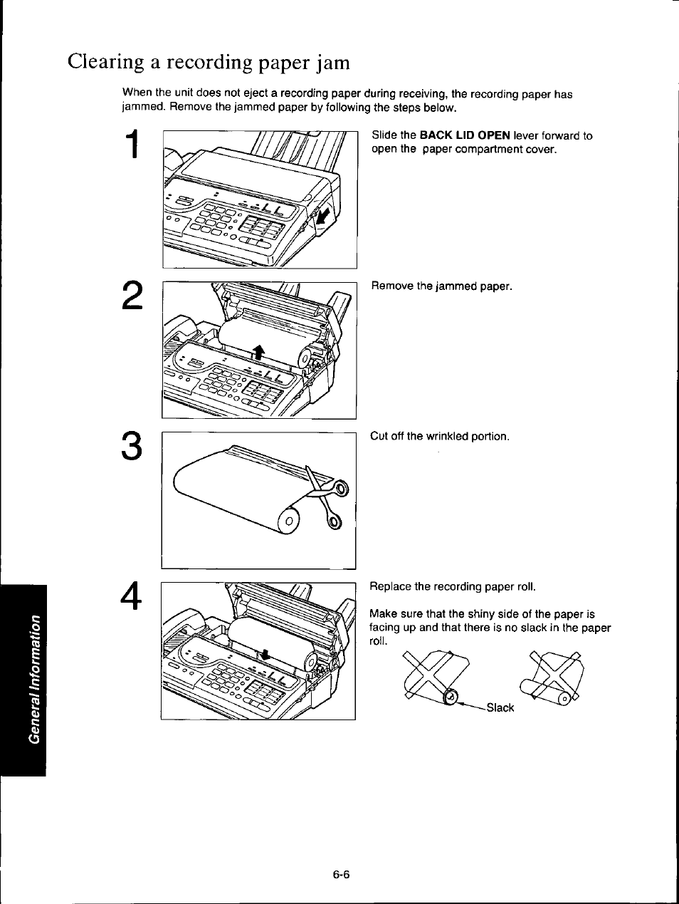 Clearing a recording paper jam, Clearing a recording paper jam -6 | Panasonic KX-F160 User Manual | Page 110 / 124