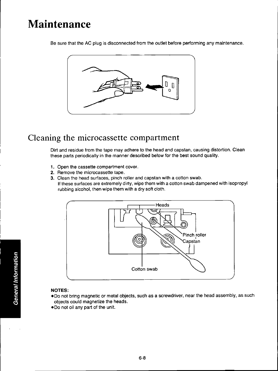 Maintenance, Cleaning the microcassette compartment, Notes | Maintenance -8, Cleaning the microcassette compartment -8 | Panasonic KX-F160 User Manual | Page 112 / 124