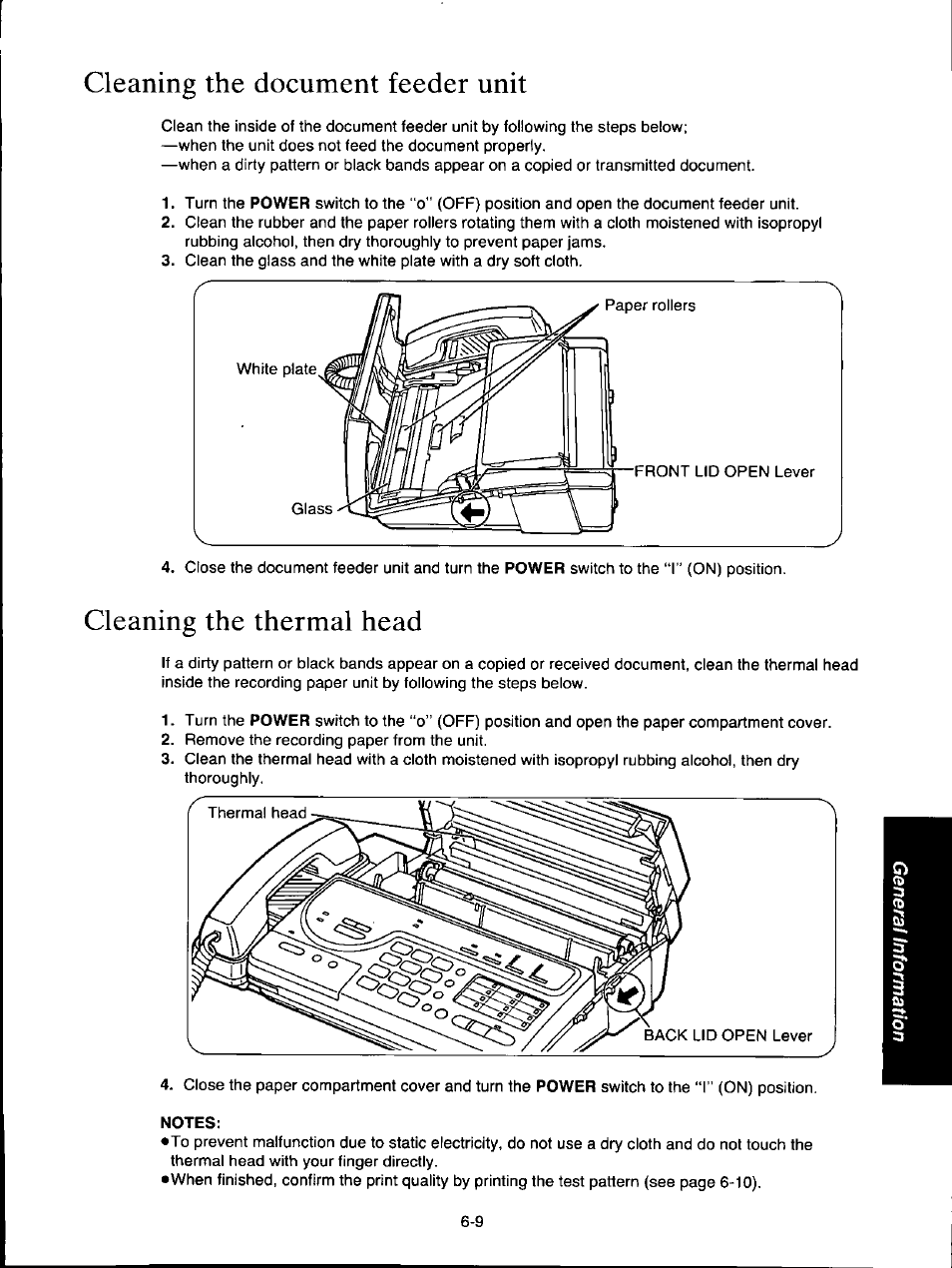 Cleaning the document feeder unit, Cleaning the thermal head | Panasonic KX-F160 User Manual | Page 113 / 124