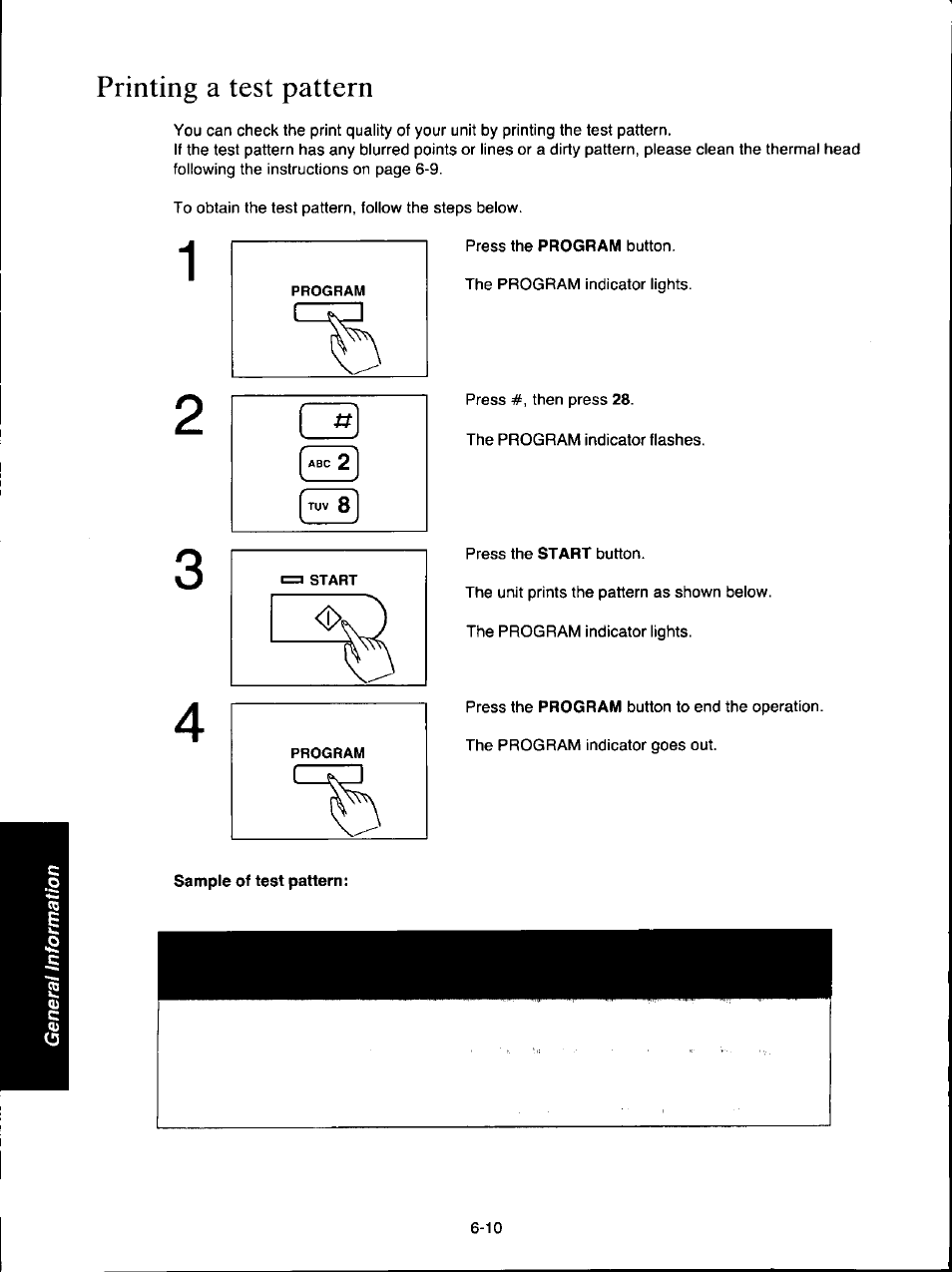 Printing a test pattern, Sample of test pattern, Printing a test pattern -10 | Panasonic KX-F160 User Manual | Page 114 / 124