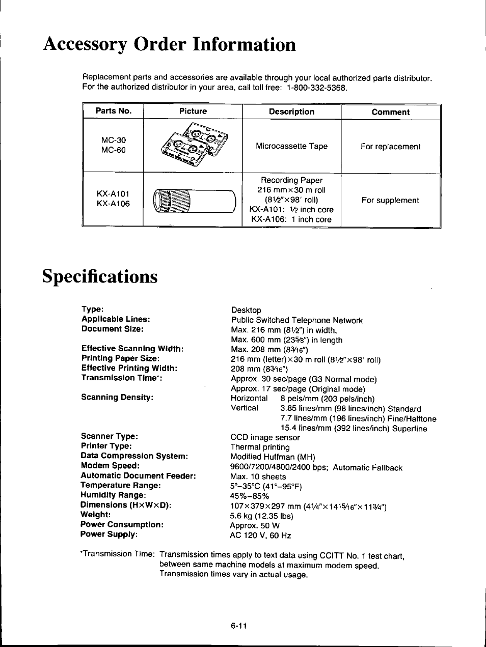 Accessory order information, Specifications, Accessory order information -11 | Specifications -11 | Panasonic KX-F160 User Manual | Page 115 / 124