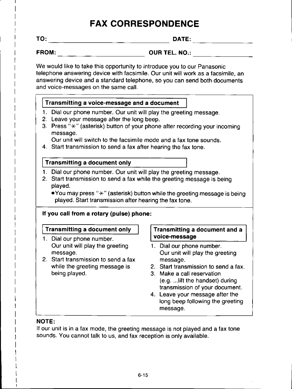 Fax correspondence | Panasonic KX-F160 User Manual | Page 119 / 124