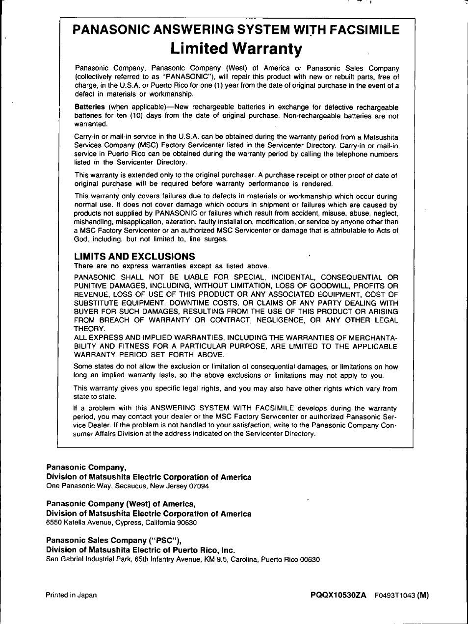 Limited warranty, Panasonic company, Panasonic company (west) of america | Panasonic sales company (*‘psc”), Panasonic answering system with facsimile | Panasonic KX-F160 User Manual | Page 124 / 124