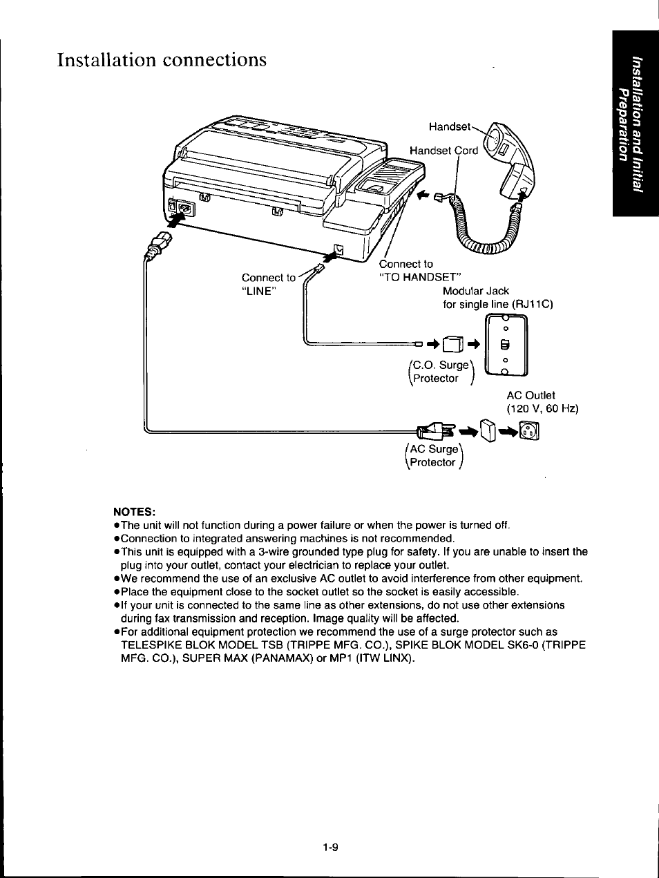 Installation connections, Notes, Installation connections -9 | Panasonic KX-F160 User Manual | Page 17 / 124