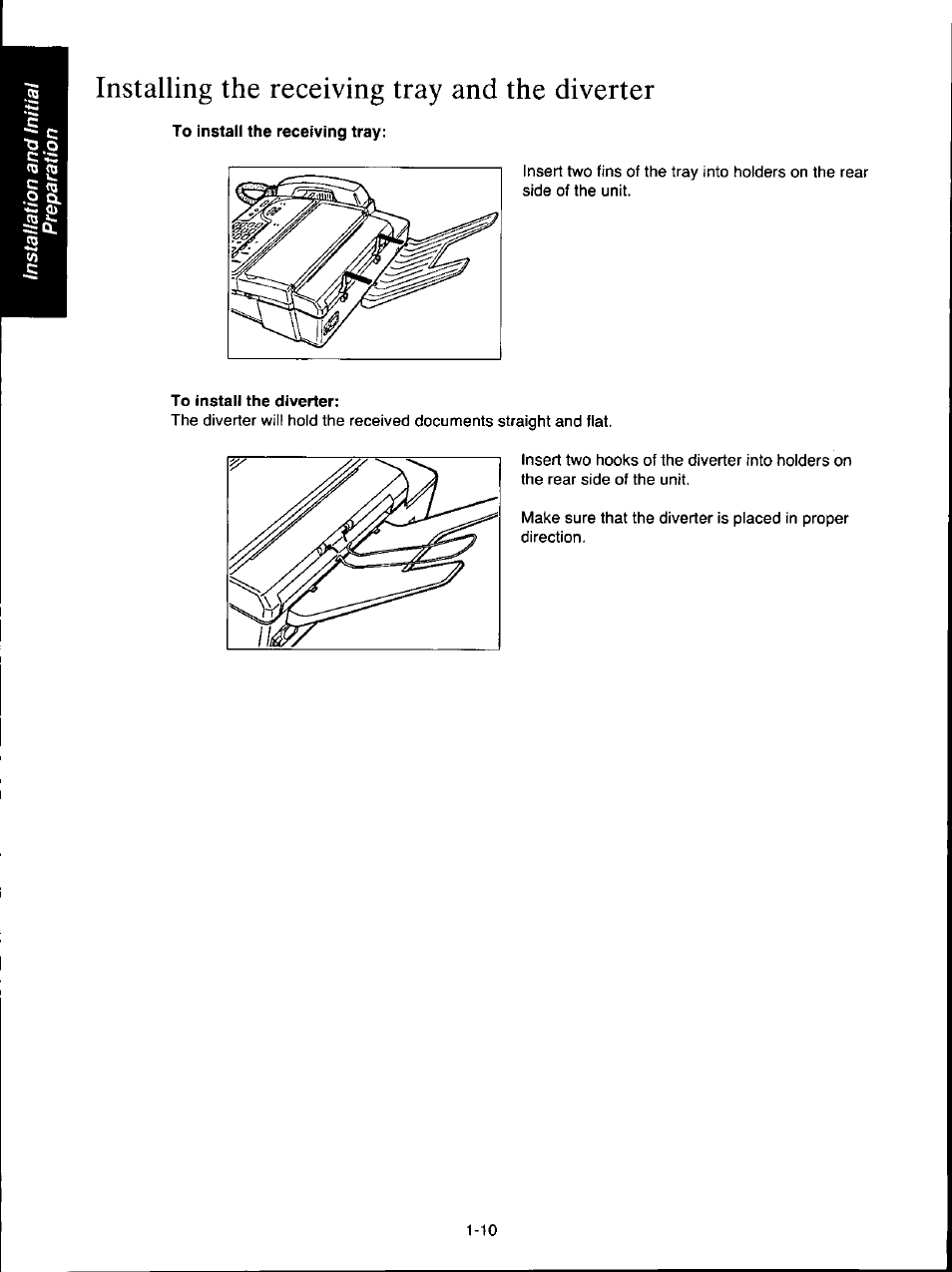 Installing the receiving tray and the diverter, To install the receiving tray, To install the diverter | Installing the receiving tray and the diverter -10 | Panasonic KX-F160 User Manual | Page 18 / 124