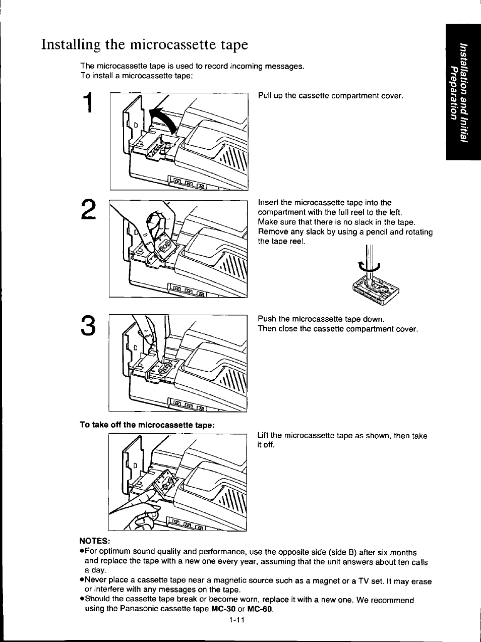 Installing the microcassette tape, Notes, Installing the microcassette tape -11 | Panasonic KX-F160 User Manual | Page 19 / 124