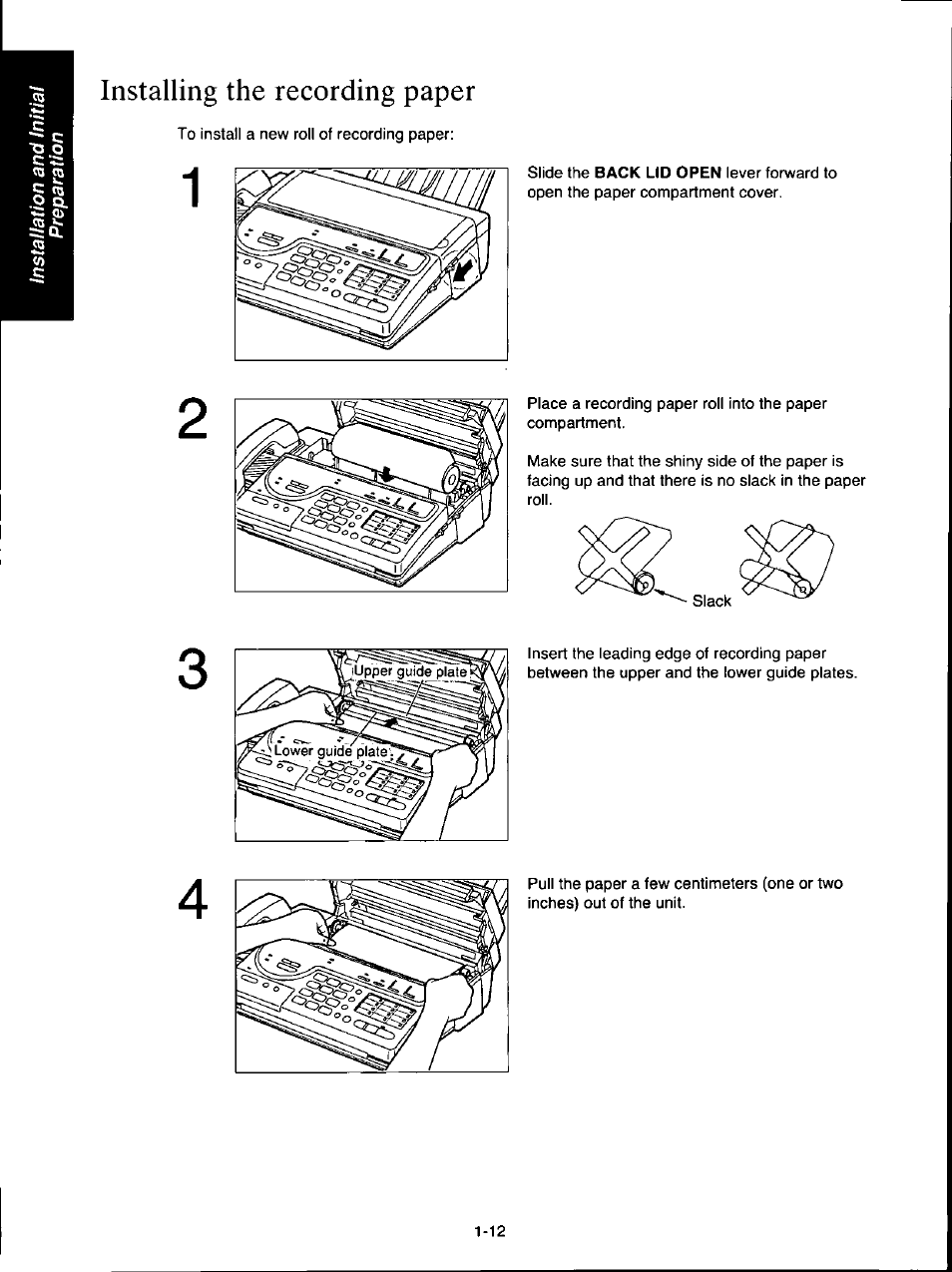 Installing the recording paper, Installing the recording paper -12 | Panasonic KX-F160 User Manual | Page 20 / 124