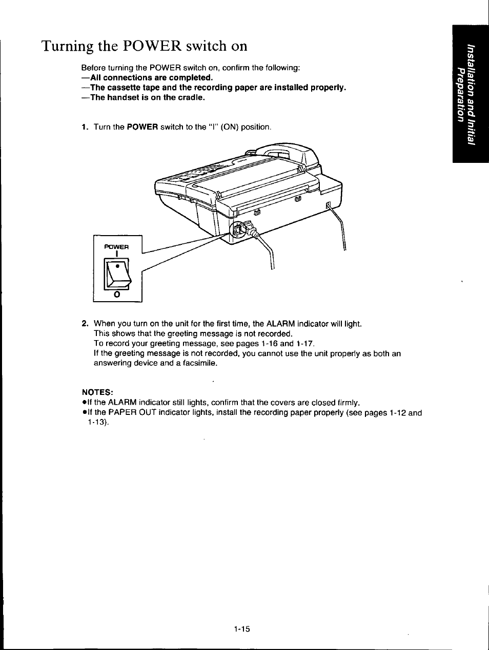 Turning the power switch on, Notes, Turning the power switch on -15 | Panasonic KX-F160 User Manual | Page 23 / 124