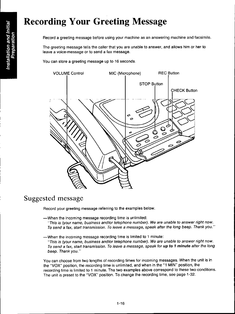 Recording your greeting message, Suggested message, Recording your greeting message -16 | Suggested message -16 | Panasonic KX-F160 User Manual | Page 24 / 124