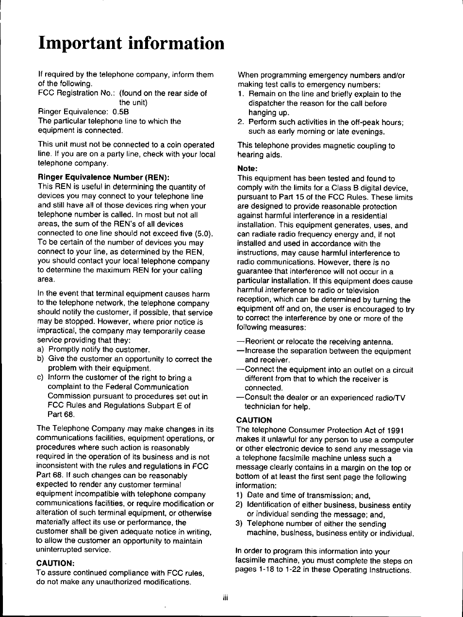 Important information, Caution, Note | Panasonic KX-F160 User Manual | Page 3 / 124