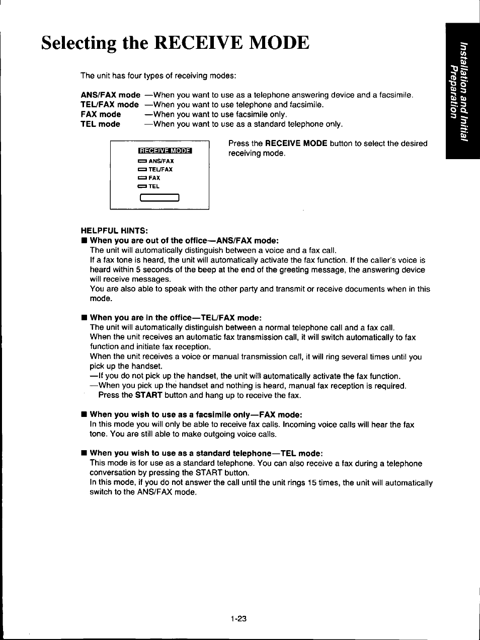 Selecting the receive mode, Helpful hints, When you are in the office—tel/fax mode | When you wish to use as a facsimile only—fax mode, Selecting the receive mode -23 | Panasonic KX-F160 User Manual | Page 31 / 124