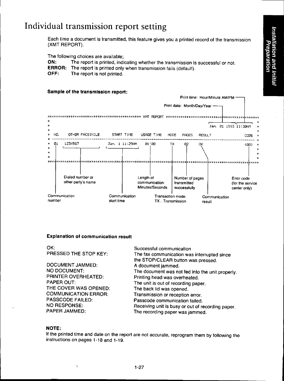 Individual transmission report setting, Note, Individual transmission report setting -27 | Panasonic KX-F160 User Manual | Page 35 / 124